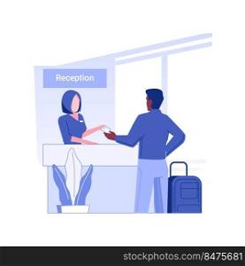 Hotel accommodation isolated concept vector illustration. Smiling businessman receives a room key at the reception, working travel, hotel service, accommodation check-in vector concept.. Hotel accommodation isolated concept vector illustration.