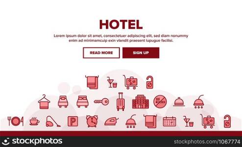 Hotel Accommodation, Room Amenities Landing Web Page Header Banner Template Vector. Hostel Services And Possibilities, All Inclusive Lineart Design. Apartment, Hotel Booking And Reservation Features Illustration. Hotel Accommodation, Room Amenities Landing Header Vector