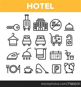 Hotel Accommodation, Room Amenities Vector Linear Icons Set. Hostel Services And Possibilities, All Inclusive Lineart Design. Apartment, Hotel Booking And Reservation Features Thin Line Illustration. Hotel Accommodation, Room Amenities Vector Linear Icons Set