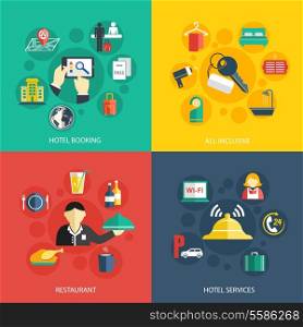 Hotel accommodation services concept flat icons set of room booking business trip restaurant food and reception bell for infographics design web elements vector illustration