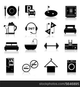Hotel amenities and room service icons of alcohol fridge laundry and towel black set isolated vector illustration