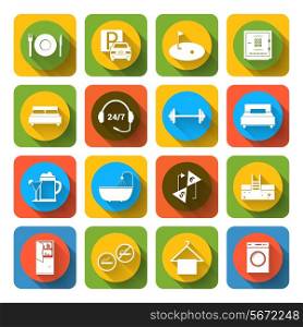 Hotel amenities and room service tourism icons of swimming massage golf and spa flat set isolated vector illustration