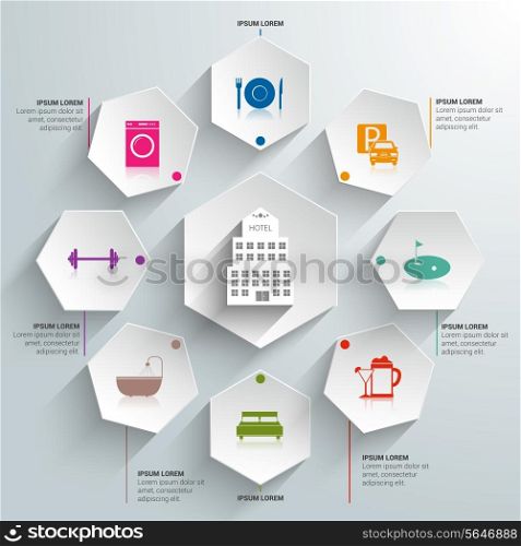Hotel amenities and room service tourism paper infographic vector illustration