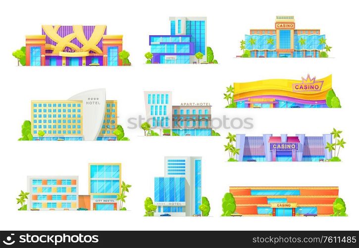 Hotel and casino buildings, vector flat icons. Entertainment and commercial buildings facades with infrastructure, luxury apart-hotel and resort, casino with neon signs, palms and taxi parking. Flat buildings of hotels and casino architecture
