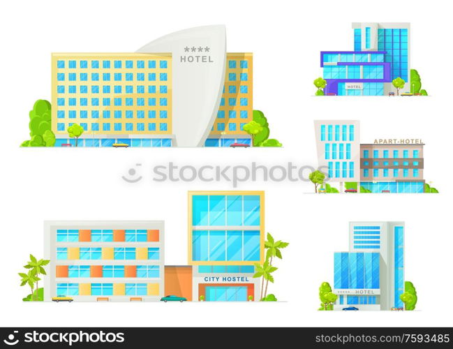 Hotel and motel buildings architecture isolated icons. Luxury apart hotel, city hostel apartments, resort with glass facade, parked cars and palm trees. Cartoon vector hotel buildings. Hotel buildings with trees and cars isolated icons