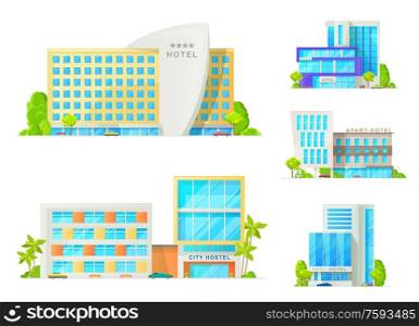 Hotel and motel buildings architecture isolated icons. Luxury apart hotel, city hostel apartments, resort with glass facade, parked cars and palm trees. Cartoon vector hotel buildings. Hotel buildings with trees and cars isolated icons