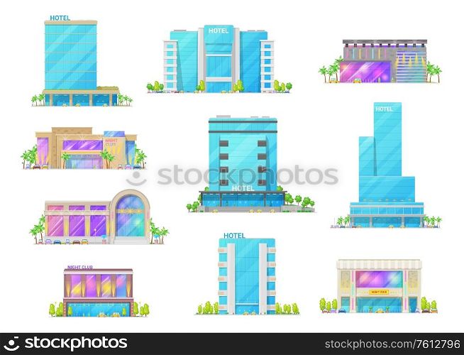 Hotel and night club buildings architecture isolated cartoon vector icons. Luxury apart hotels, city hostel apartments, nightclub resort. Building icons with glass facade, palm tree and parked cars. Hotel and night club buildings isolated icons