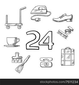 Hotel and room service sketched icons with tea cup, iron, shoe cleaning and breakfast, timer, baggage and room cleaning. Vector sketch. Hotel and room service sketched icons