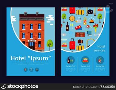 Hotel and services informative Internet page template with brick building and offers from staff for comfortable trip vector illustrations.. Hotel and Services Info Internet Page Template