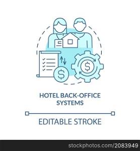 Hotel back-office systems turquoise concept icon. Property management abstract idea thin line illustration. Isolated outline drawing. Editab le stroke. Roboto-Medium, Myriad Pro-Bold fonts used. Hotel back-office systems turquoise concept icon