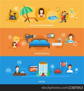 Hotel banner flat set with entertainment and room service elements isolated vector illustration