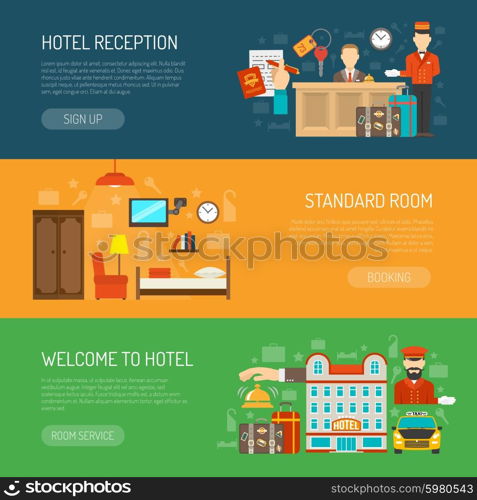 Hotel banner set. Hotel horizontal banner set with flat tourism elements isolated vector illustration