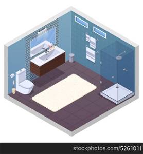 Hotel Bathroom Interior Composition. Bathroom isometric interior with glossy shower unit lavatory bowl vanity basin mirror and soft bath mat vector illustration
