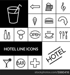 Hotel Black White Icons Set. Hotel black white line icons set with food and drinks symbols flat isolated vector illustration