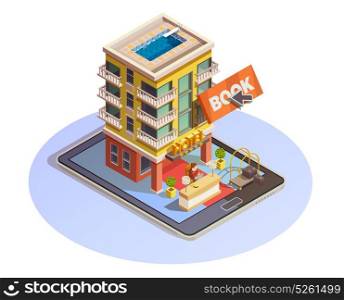Hotel Booking Button Isometric Tablet Icon . Online hotel booking isometric icon with building street view and reception service mounted on tablet vector illustration