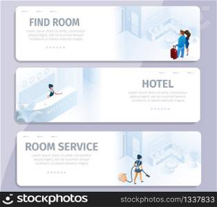 Hotel Booking Find Room Cleaning Service Banners Set Vector Illustration. Reservation Book Online Comfortable Modern all Inclusive Appartment for Business Travel Trip Vacation Buy Tour. Hotel Booking Find Room Cleaning Service Banners