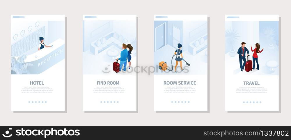 Hotel Booking Find Room Cleaning Service for Travel Banners Set Vector Illustration. Welcome Guest Comfortable all Inclusive Appartment. Tourism and Business Interface for Social Media Landing Page. Hotel Services Travel Vector Social Media Banner