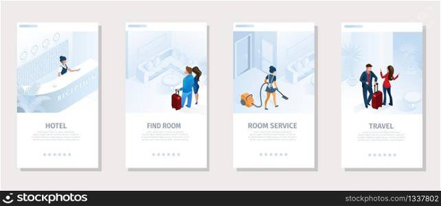 Hotel Booking Find Room Cleaning Service for Travel Banners Set Vector Illustration. Welcome Guest Comfortable all Inclusive Appartment. Tourism and Business Interface for Social Media Landing Page. Hotel Services Travel Vector Social Media Banner