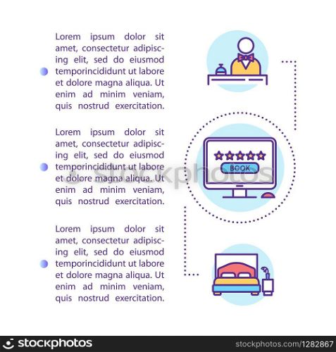 Hotel booking services concept icon with text. Advance reservation. Budget tourism. Stay in hostel. PPT page vector template. Brochure, magazine, booklet design element with linear illustrations
