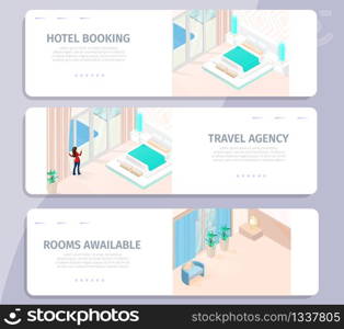 Hotel Booking Travel Agency Rooms Available Banners Set Vector Isometric Illustration. Advertising Business Trip Tourism Vacation Offer Company. Comfortable Modern Room Reservation. Hotel Booking Travel Agency Rooms Available Banner