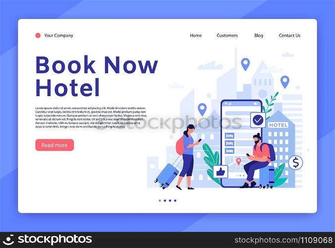 Hotel booking website. Mobile app for tourists and travellers, hotel room reservation digital service concept vector landing page template. Accommodation search tool. People with luggage illustration. Hotel booking website. Mobile app for tourists and travellers, hotel room reservation digital service concept vector landing page template. Apartment search tool. People with luggage illustration