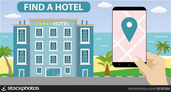 Hotel building and ocean beach,sand shore with palm trees,hand holding smartphone with navigation application,find or booking hotel concept,flat vector illustration