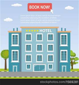 Hotel building,arrow and button-book now,flat vector illustration. Hotel building,arrow and button-book now