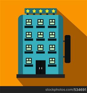 Hotel building icon in flat style on a yellow background. Hotel building icon, flat style