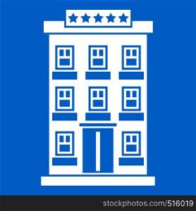 Hotel building icon white isolated on blue background vector illustration. Hotel building icon white