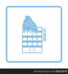 Hotel building in fire icon. Blue frame design. Vector illustration.