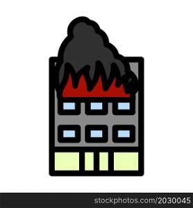 Hotel Building In Fire Icon. Editable Bold Outline With Color Fill Design. Vector Illustration.