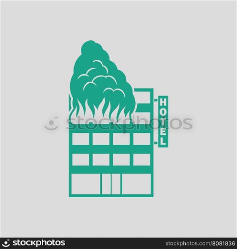 Hotel building in fire icon. Gray background with green. Vector illustration.