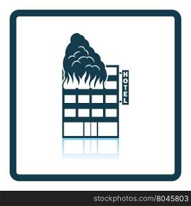 Hotel building in fire icon. Shadow reflection design. Vector illustration.