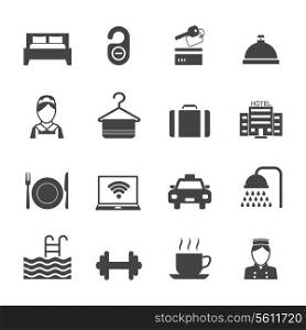 Hotel business accommodation elements black icons isolated vector illustration
