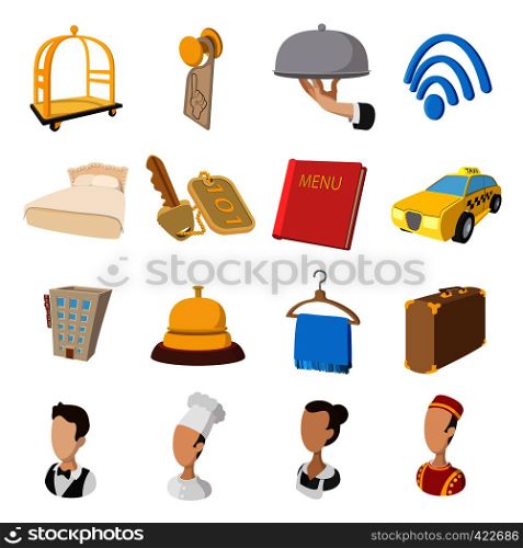Hotel cartoon style icons set. Service symbols on a white background. Hotel cartoon style icons set