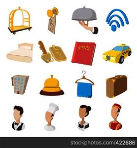 Hotel cartoon style icons set. Service symbols on a white background. Hotel cartoon style icons set