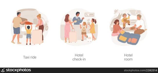 Hotel check-in isolated cartoon vector illustration set. Hotel taxi service, family loading luggage in car, standing at check-in desk, arrival to hotel, unpacking luggage in room vector cartoon.. Hotel check-in isolated cartoon vector illustration set.
