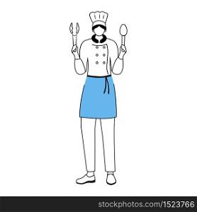 Hotel chef flat vector illustration. Restaurant worker in uniform holding cooking utensils. Catering service, culinary. Kitchen staff in apron cartoon character with outline on white