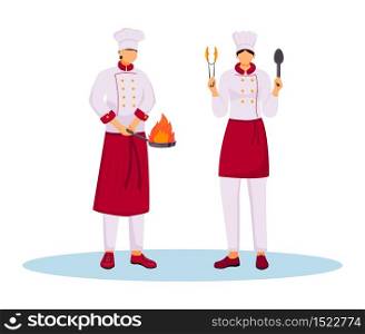 Hotel chefs in uniform flat color vector illustration. Kitchen staff, service personnel, restaurant workers. Two cooks with cooking utensils isolated cartoon characters on white background