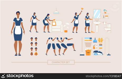 Hotel Cleaning Service Maid Character Constructor Isolated, Trendy Flat Design Elements Set. Working Female Servant in Uniform Various Poses, Body Parts, Face Expressions, Cleaning Tools Illustrations