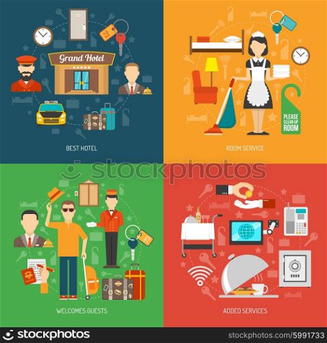 Hotel concept set. Hotel design concept set with room service flat icons isolated vector illustration