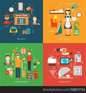 Hotel concept set. Hotel design concept set with room service flat icons isolated vector illustration