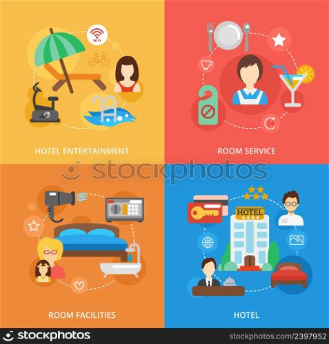 Hotel design concept set with entertainment room service facilities flat icons isolated vector illustration. Hotel Flat Set