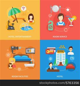 Hotel design concept set with entertainment room service facilities flat icons isolated vector illustration