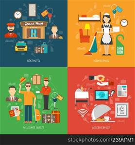 Hotel design concept set with room service flat icons isolated vector illustration. Hotel concept set