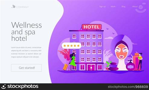 Hotel facilities and services. Businesswoman with suitcase. Wellness and spa hotel, enjoyable lifestyle, massage and bodywork service concept. Website homepage header landing web page template.. Wellness and spa hotel landing page template