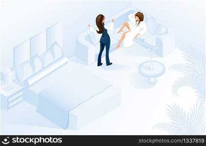 Hotel Female Manager Welcome Client at Modern Room Vector Isometric Illustration. Lady in White Bathrobe Relaxing on Sofa Comfortable Cozy Resort Hotel Apartment Bed Table Furniture Interior. Hotel Female Manager Welcome Client at Modern Room