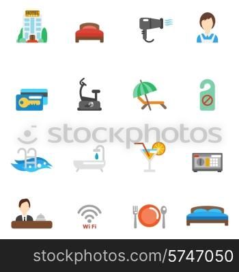 Hotel flat icon set with reception cocktail gym bed isolated vector illustration