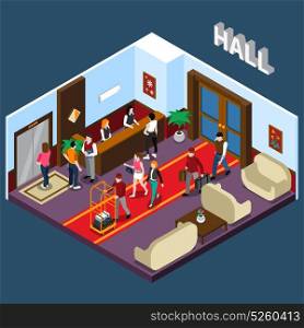 Hotel Hall Isometric Illustration. Hotel staff and tourists in hall with red carpet elevator reception and waiting area isometric vector illustration
