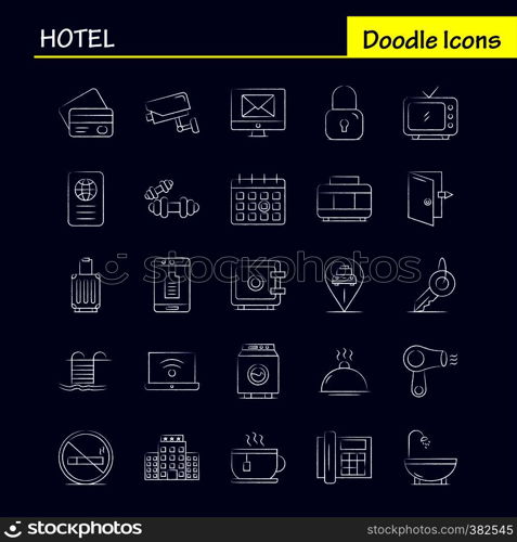 Hotel Hand Drawn Icons Set For Infographics, Mobile UX/UI Kit And Print Design. Include: Check In, Check Out, Door, Hotel, Mobile, Cell, Icon Set - Vector